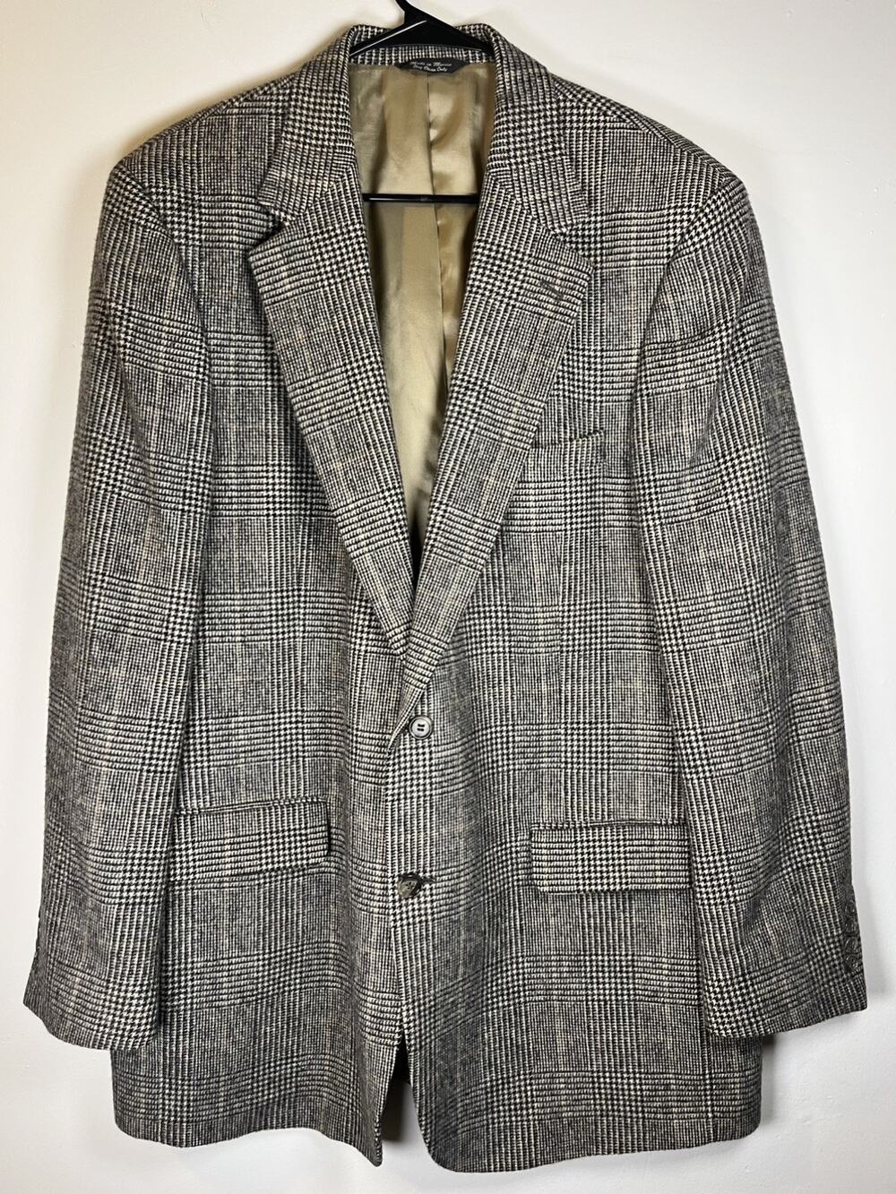 Vtg Grant Thomas Men’s 100% Camel Hair Sport Coat Blazer Size 46 Long Gray Plaid
